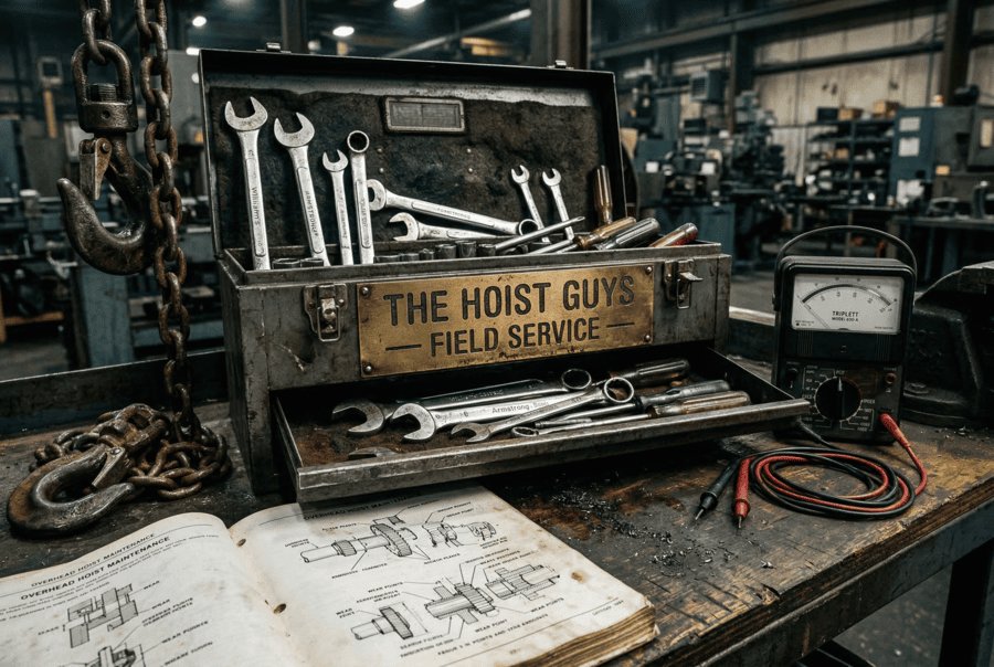 Technician repairing industrial hoist equipment