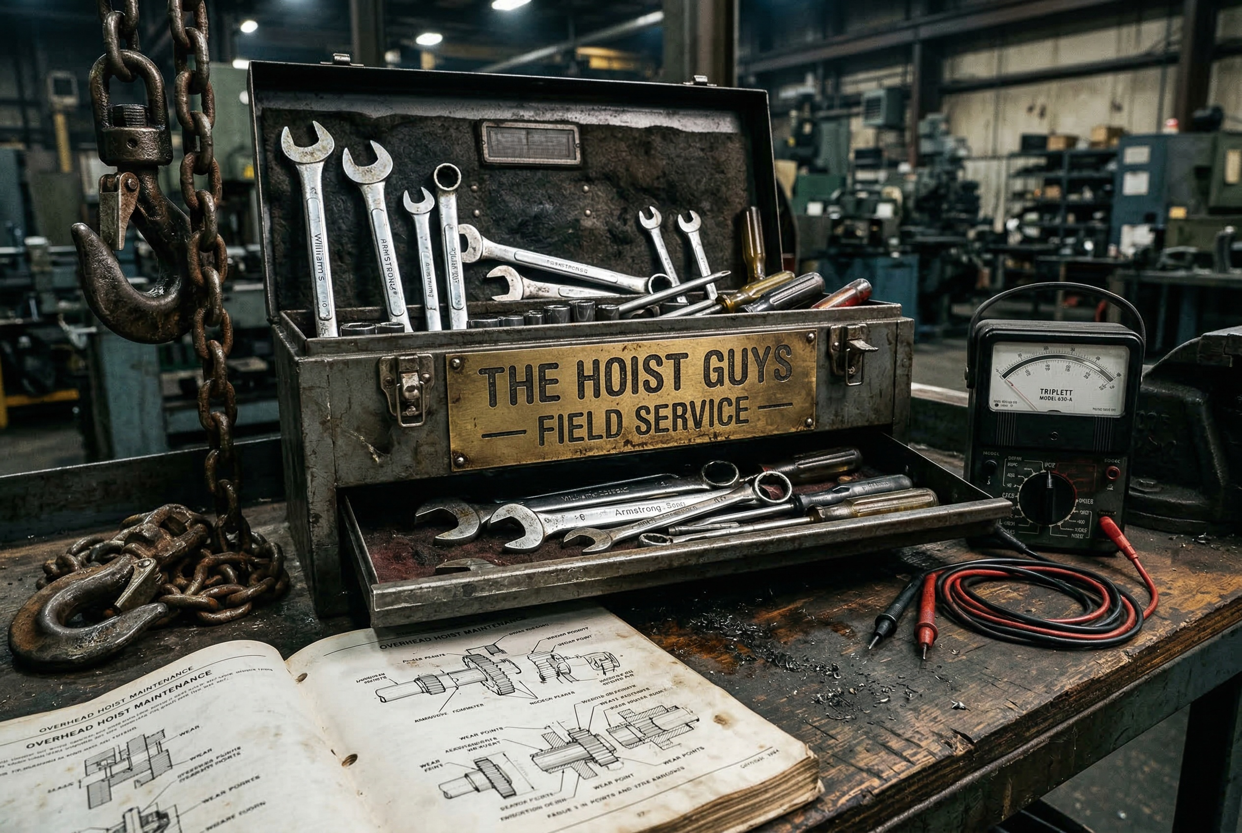 Technician repairing industrial hoist equipment